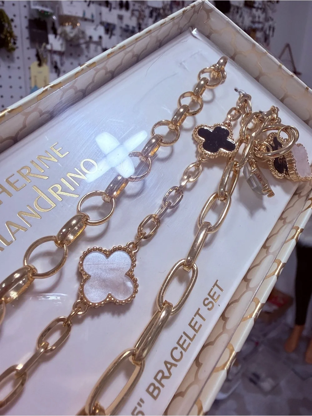 Catherine Malandrino Gold-Tone Bracelet Set with Black and White Clover Charms